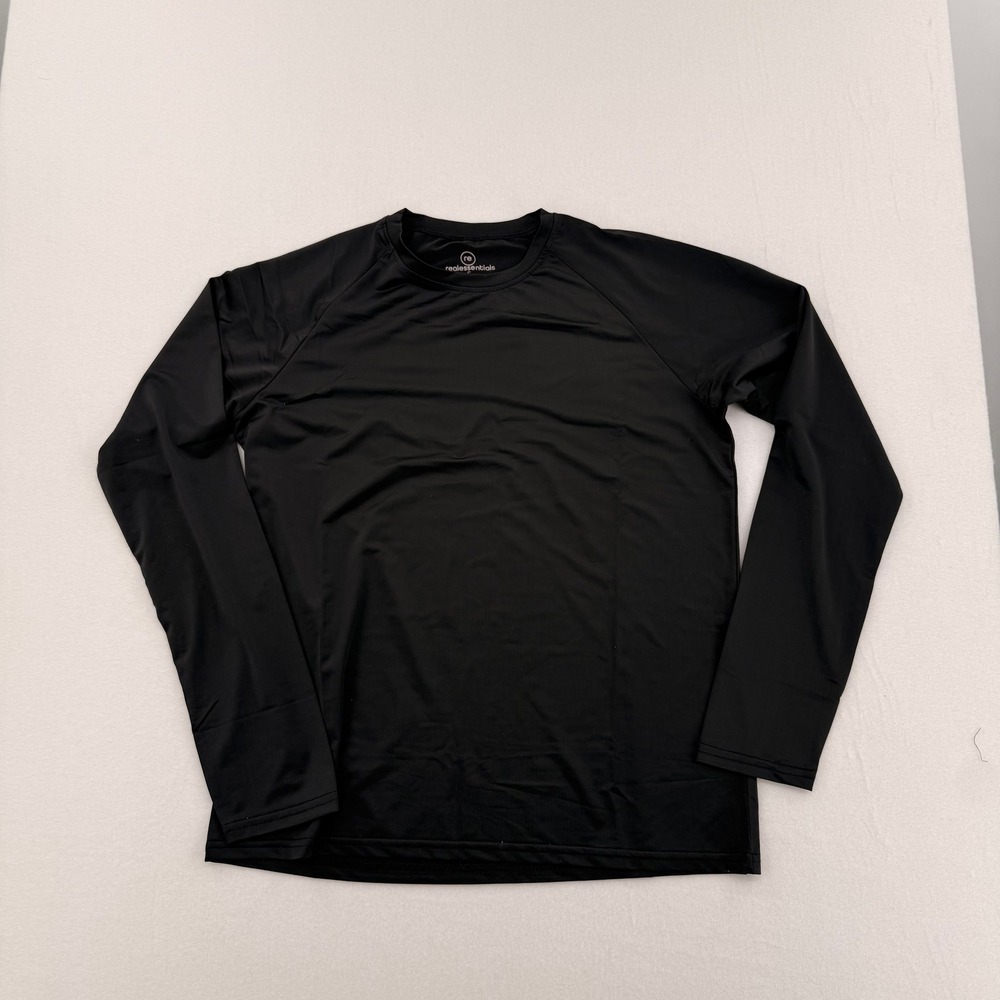 Real Essentials Mens Long Sleeve Activewear Shirt Black Crew Neck Small